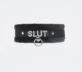 Love In Leather Diamante Slut Fluffy Fetish Collar - Black - Collars and Leads
